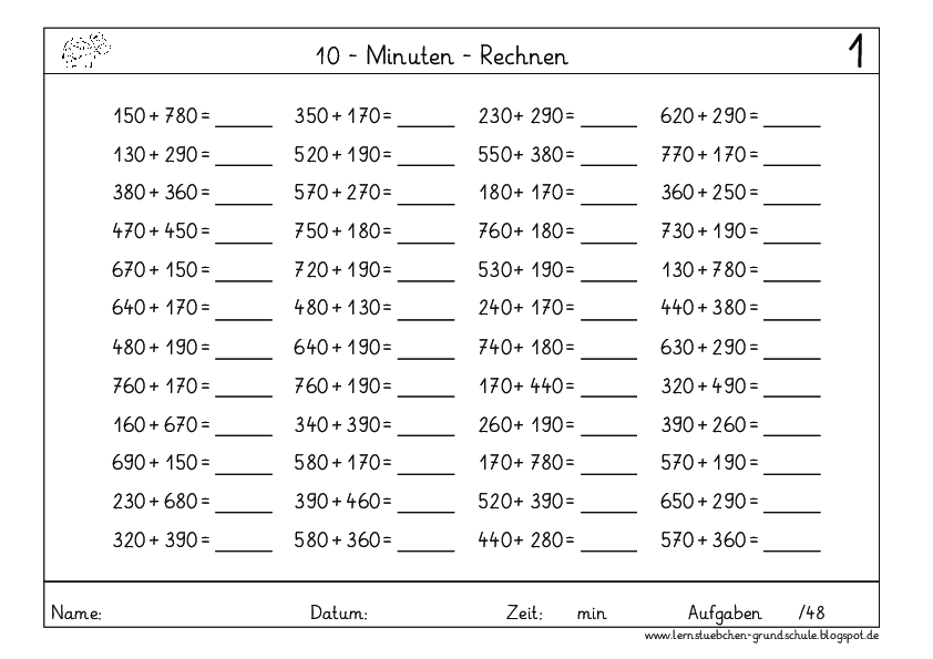 Kopfrechnen mit HZ-Zahlen (ZR 1.000)